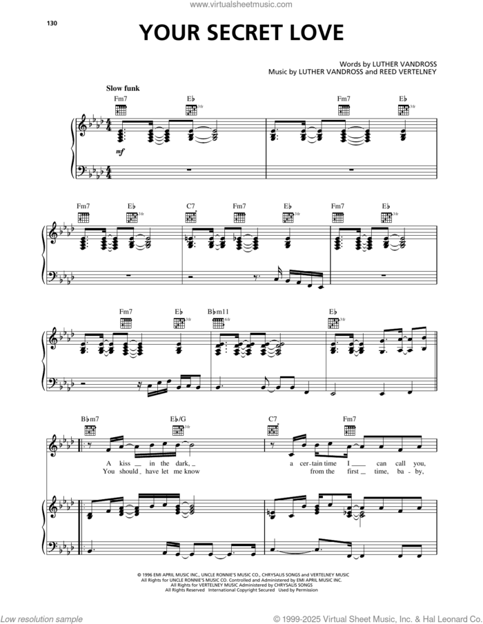 Your Secret Love sheet music for voice, piano or guitar by Luther Vandross and Reed Vertelney, intermediate skill level