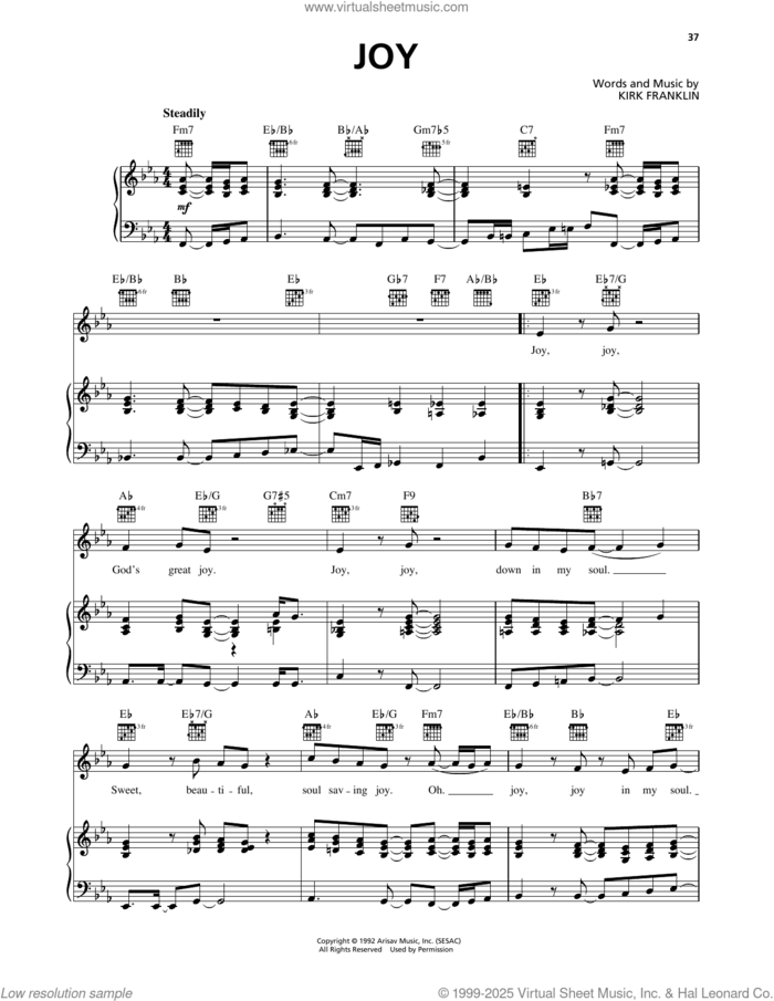 Joy sheet music for voice, piano or guitar by Whitney Houston and Kirk Franklin, intermediate skill level