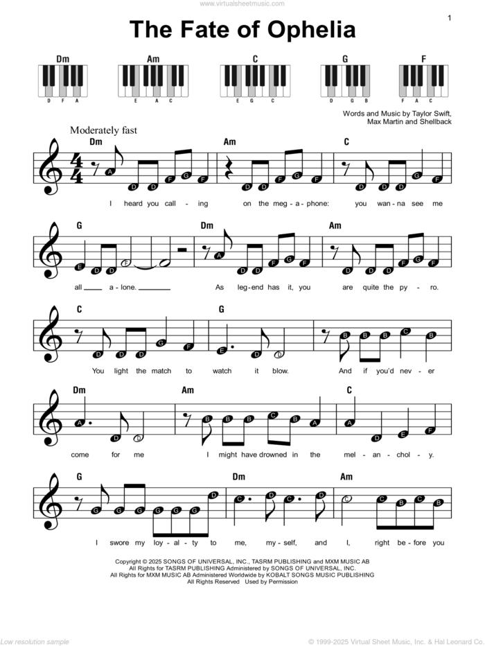 The Fate Of Ophelia sheet music for piano solo by Taylor Swift, Max Martin and Shellback (aka Johan Schuster), beginner skill level