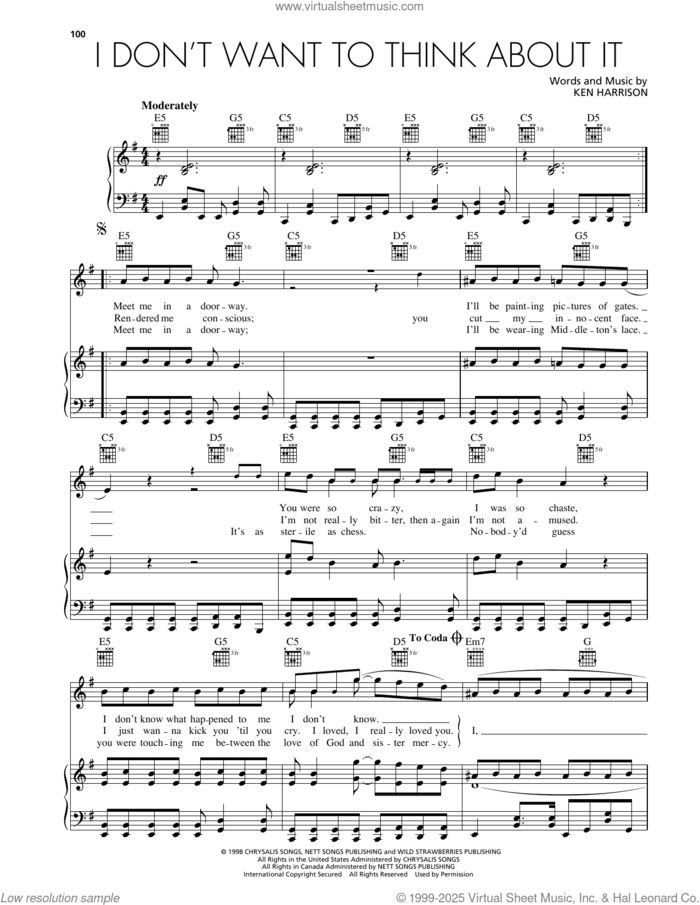 I Don't Want To Think About It sheet music for voice, piano or guitar by Wild Strawberries and Ken Harrison, intermediate skill level