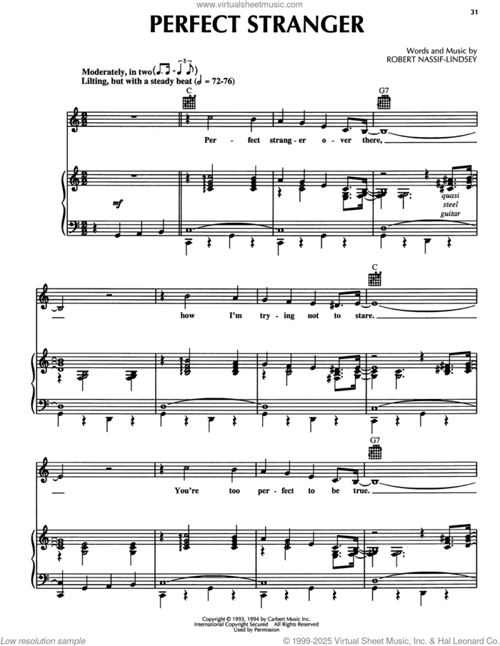 Perfect Stranger (from Honky Tonk Highway) sheet music for voice, piano or guitar by Robert Nassif-Lindsey and Robert Nassif, intermediate skill level