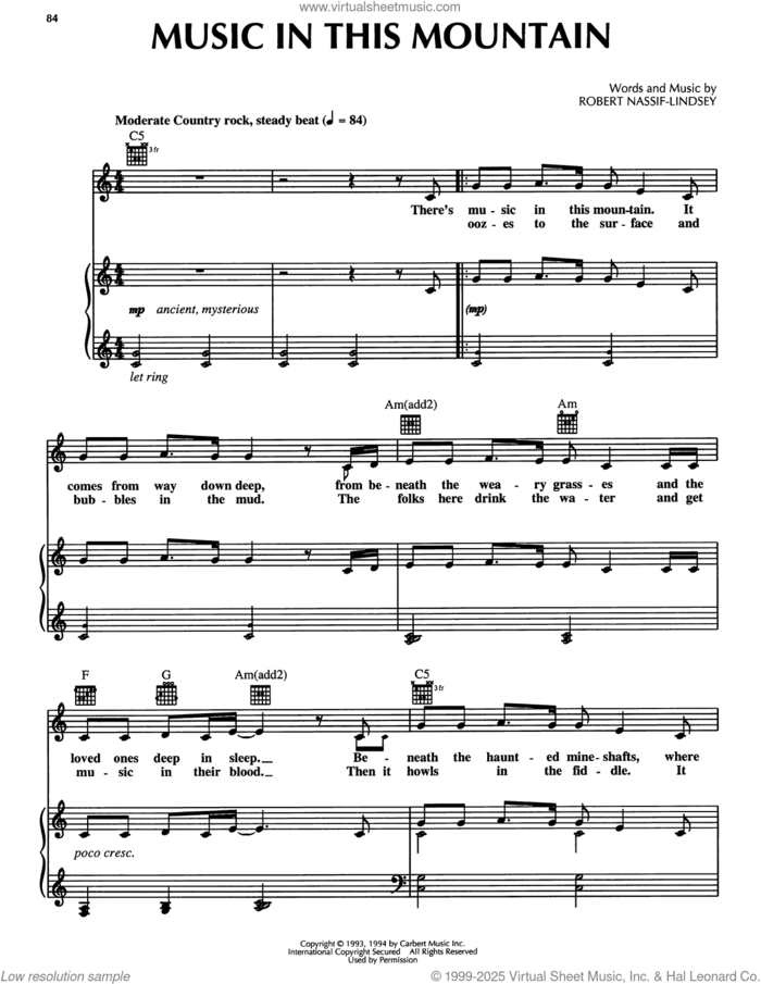 Music In This Mountain (from Honky Tonk Highway) sheet music for voice, piano or guitar by Robert Nassif-Lindsey and Robert Nassif, intermediate skill level