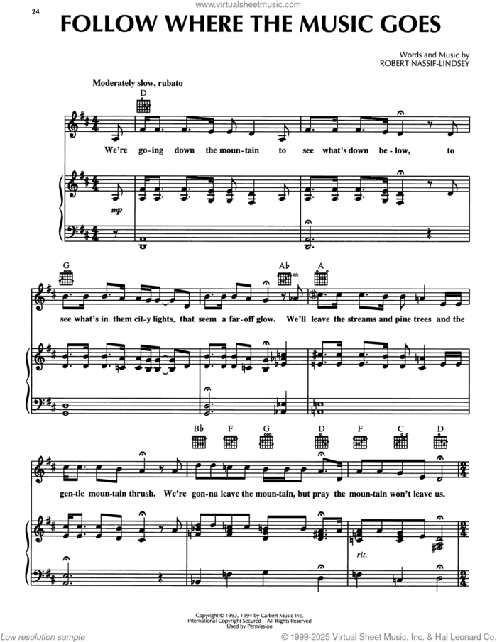 Follow Where The Music Goes (from Honky Tonk Highway) sheet music for voice, piano or guitar by Robert Nassif-Lindsey and Robert Nassif, intermediate skill level