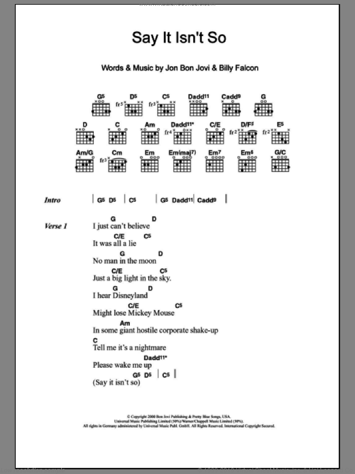 Say It Isn't So sheet music for guitar (chords) by Bon Jovi and Billy Falcon, intermediate skill level