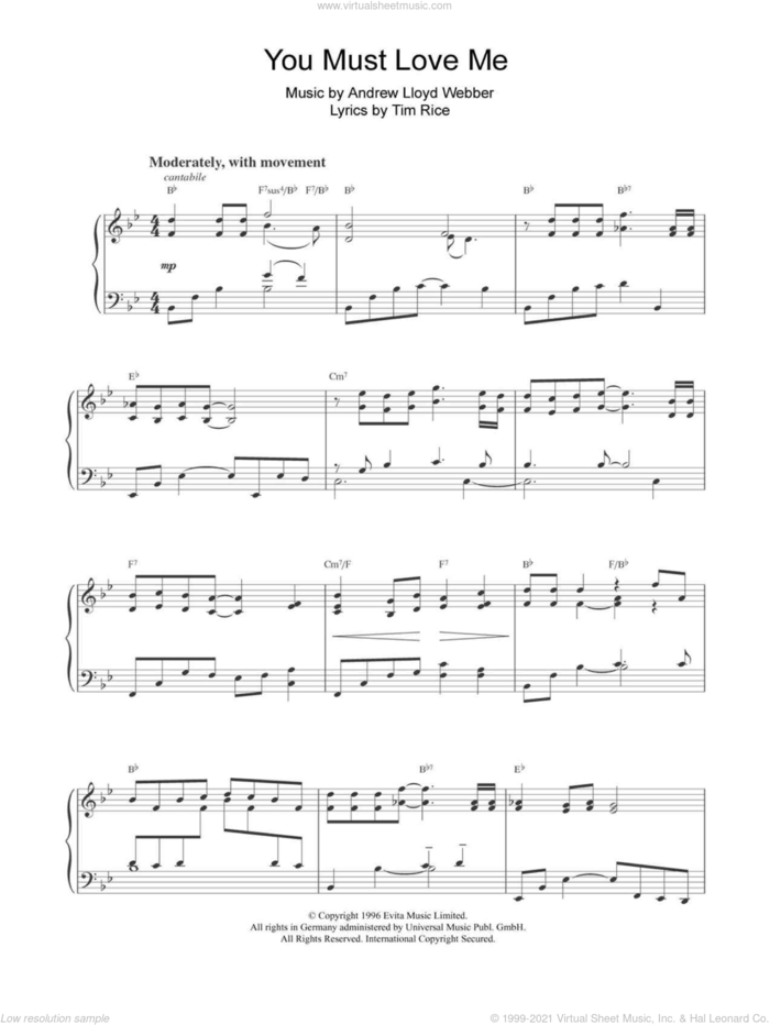 You Must Love Me sheet music for piano solo by Andrew Lloyd Webber, Evita (Musical) and Tim Rice, intermediate skill level