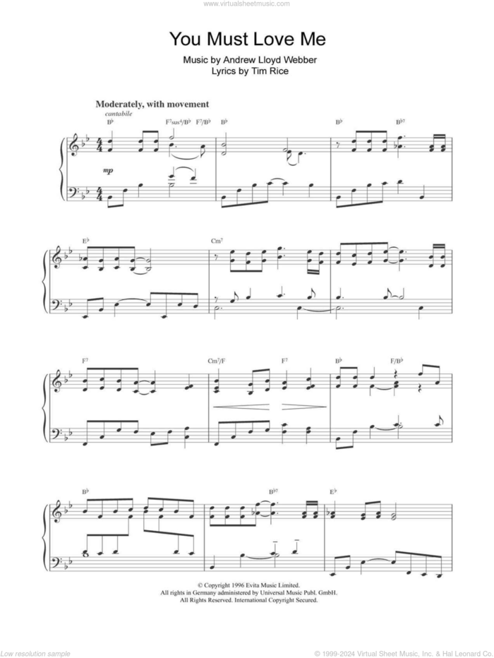 You Must Love Me sheet music for piano solo by Andrew Lloyd Webber, Evita (Musical) and Tim Rice, intermediate skill level