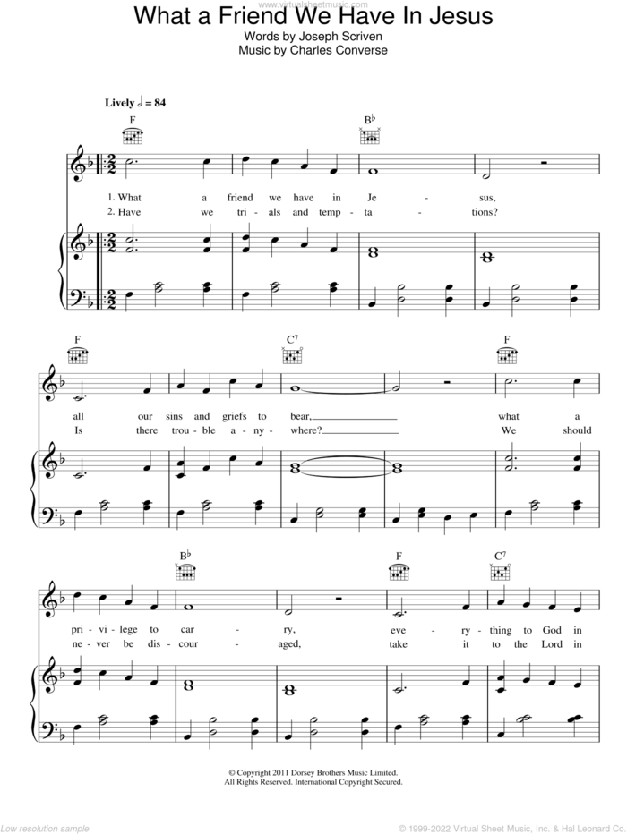 What A Friend We Have In Jesus sheet music for voice, piano or guitar by Joseph M. Scriven and Charles C. Converse, intermediate skill level