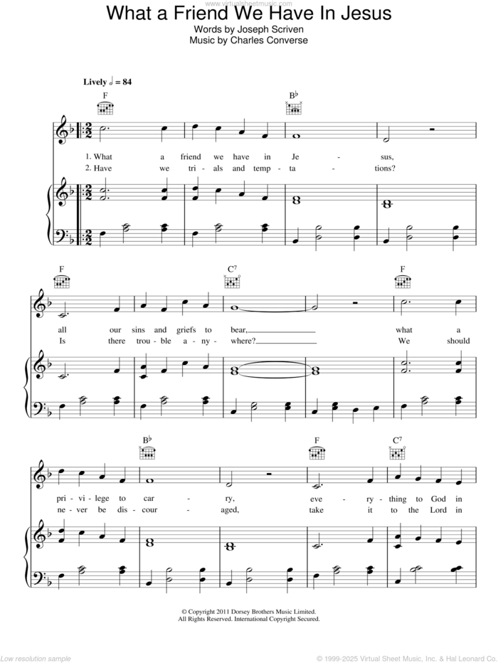 What A Friend We Have In Jesus sheet music for voice, piano or guitar by Joseph M. Scriven and Charles C. Converse, intermediate skill level