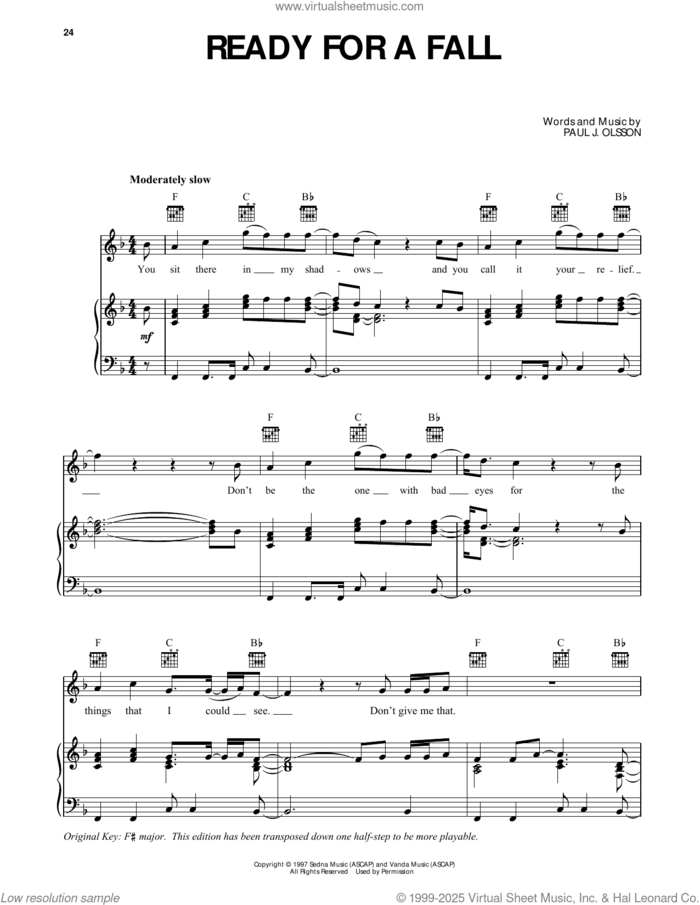 Ready For A Fall (from Dawson's Creek) sheet music for voice, piano or guitar by PJ Olsson and Paul J. Olsson, intermediate skill level