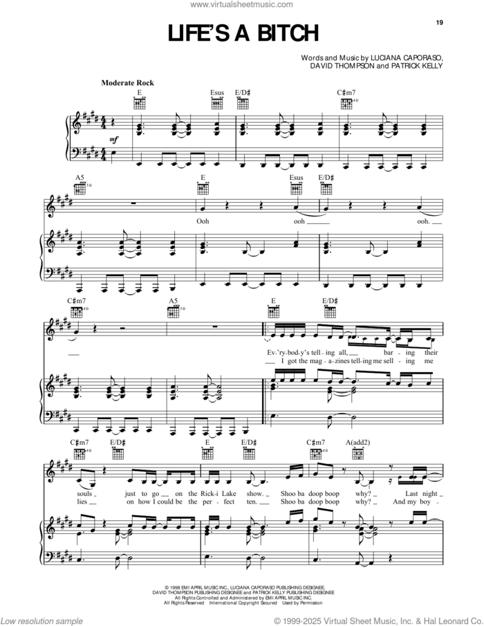 Life's A Bitch (from Dawson's Creek) sheet music for voice, piano or guitar by Shooter, David Thompson, Luciana Caporaso and Patrick Kelly, intermediate skill level