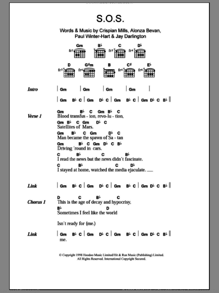 S.O.S. sheet music for guitar (chords) by Kula Shaker, Alonza Bevan, Crispian Mills, Jay Darlington and Paul Winter-Hart, intermediate skill level