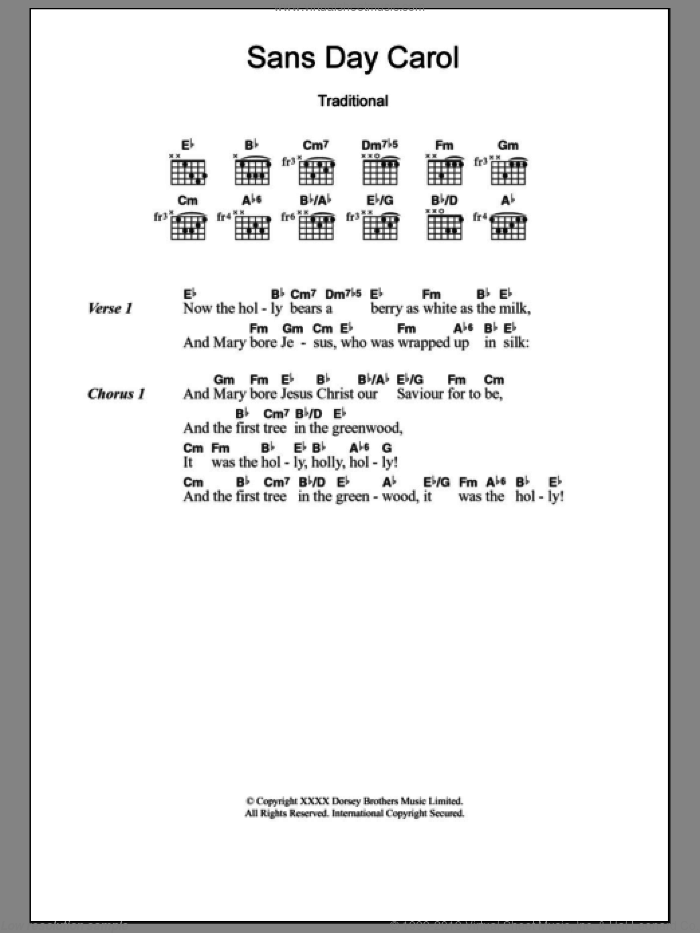Sans Day Carol sheet music for guitar (chords), intermediate skill level