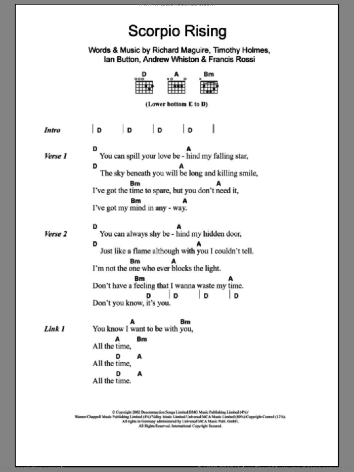 Scorpio Rising sheet music for guitar (chords) by Death In Vegas, Andrew Whiston, Francis Rossi, Ian Button, Richard Maguire and Timothy Holmes, intermediate skill level
