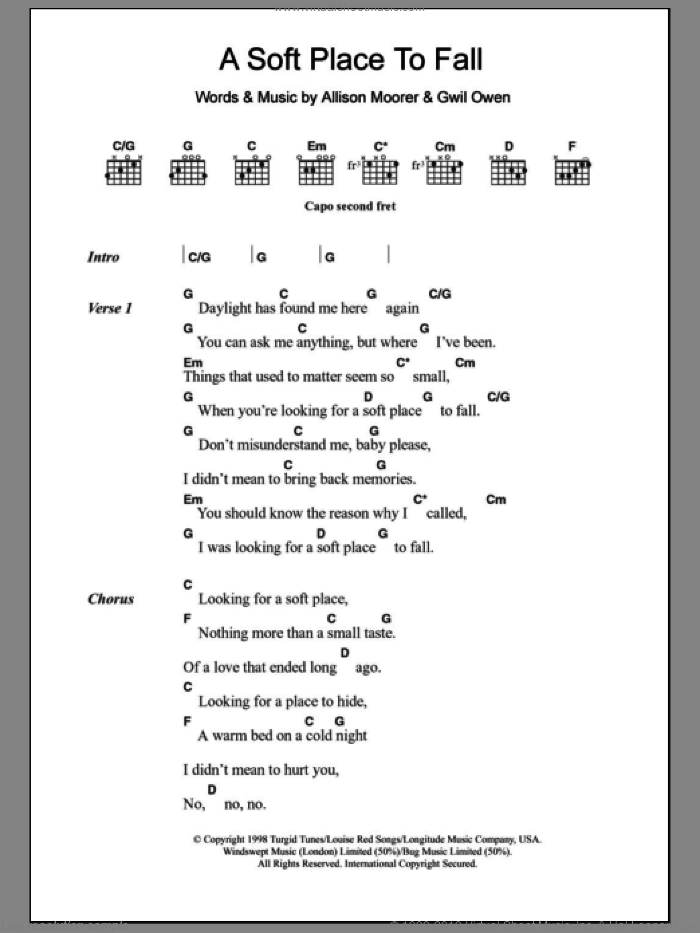 A Soft Place To Fall sheet music for guitar (chords) by Allison Moorer and Gwil Owen, intermediate skill level