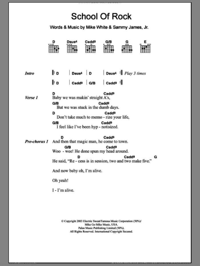 School Of Rock (from School of Rock: The Musical) sheet music for guitar (chords) by Jack Black, Mike White, Mike White and Samuel Buonaugurio, Sammy James Jr. and Samuel Buonaugurio, intermediate skill level