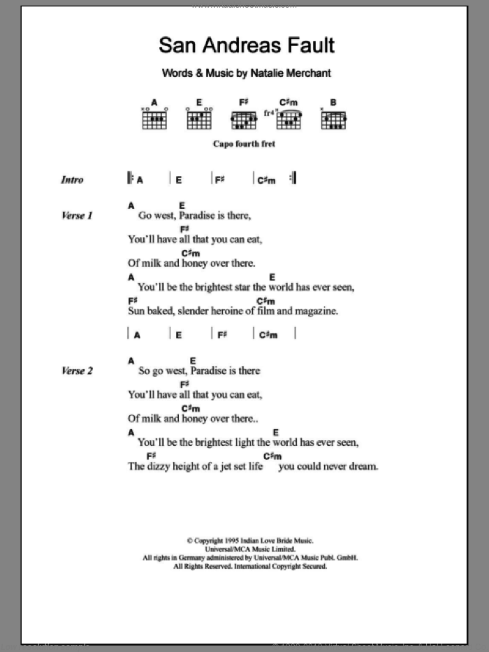 San Andreas Fault sheet music for guitar (chords) by Natalie Merchant, intermediate skill level
