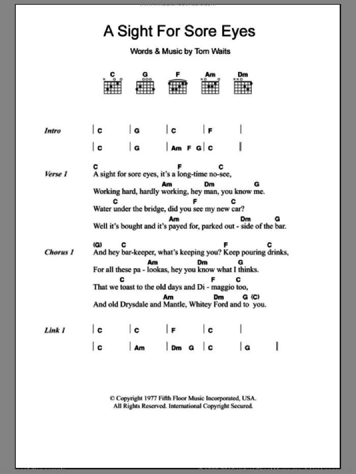 A Sight For Sore Eyes sheet music for guitar (chords) by Tom Waits, intermediate skill level