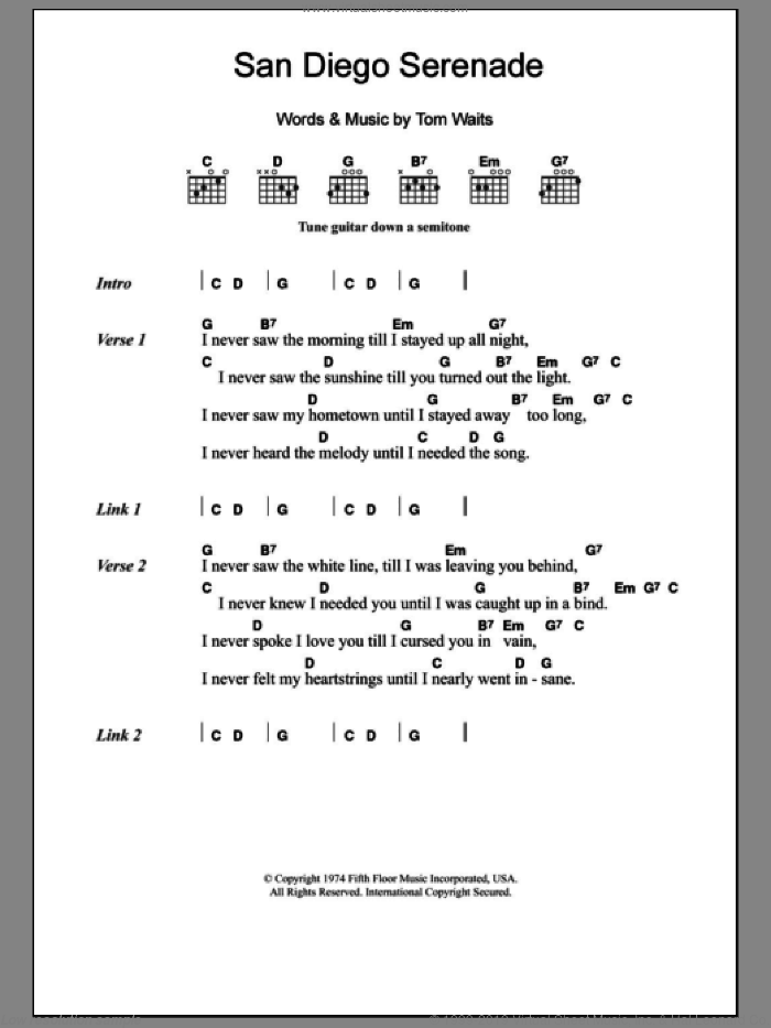 San Diego Serenade sheet music for guitar (chords) by Tom Waits, intermediate skill level