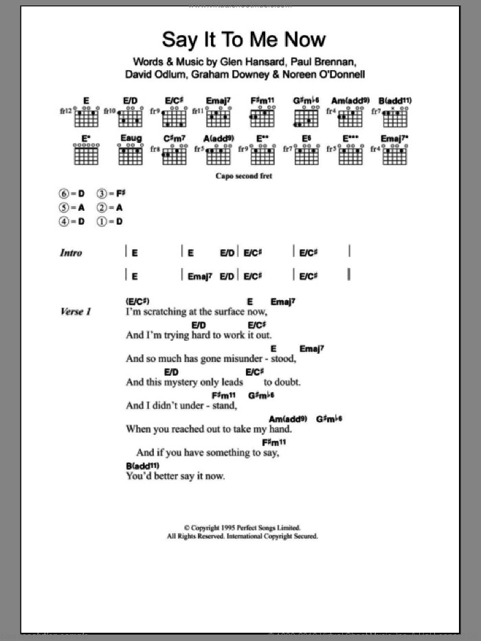 Say It To Me Now sheet music for guitar (chords) by Glen Hansard, The Frames, David Odlum, Graham Downey and Paul Brennan, intermediate skill level