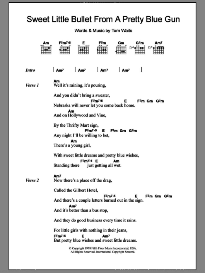 Sweet Little Bullet From A Pretty Blue Gun sheet music for guitar (chords) by Tom Waits, intermediate skill level