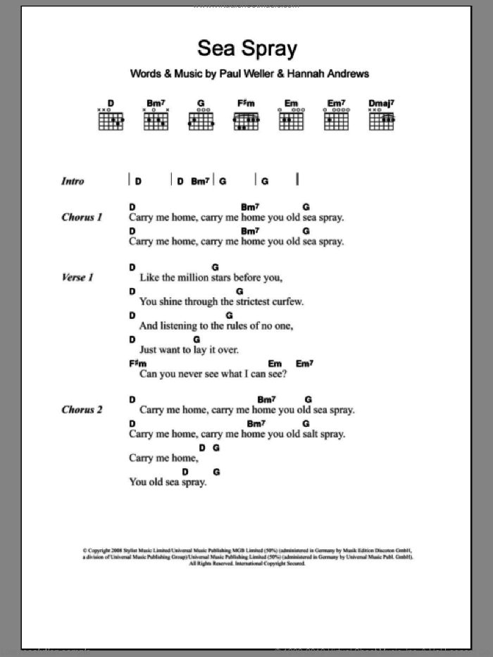 Sea Spray sheet music for guitar (chords) by Paul Weller and Hannah Andrews, intermediate skill level
