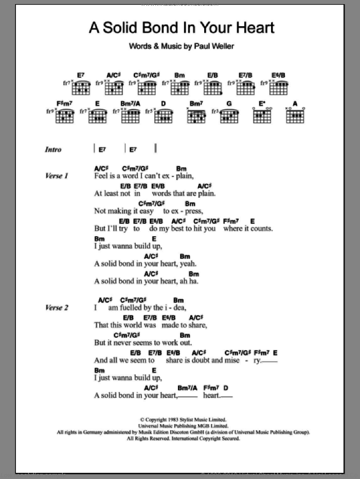 A Solid Bond In Your Heart sheet music for guitar (chords) by The Style Council and Paul Weller, intermediate skill level