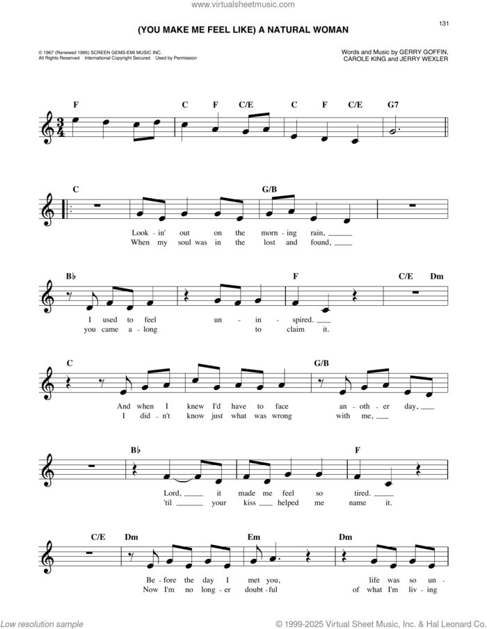 (You Make Me Feel Like) A Natural Woman sheet music for voice and other instruments (fake book) by Aretha Franklin, Carole King, Gerry Goffin and Jerry Wexler, easy skill level
