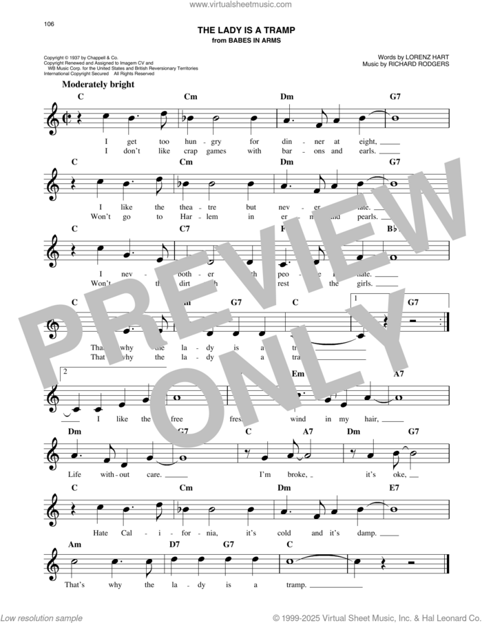 The Lady Is A Tramp (from Babes In Arms) sheet music for voice and other instruments (fake book) by Richard Rodgers and Lorenz Hart, easy skill level