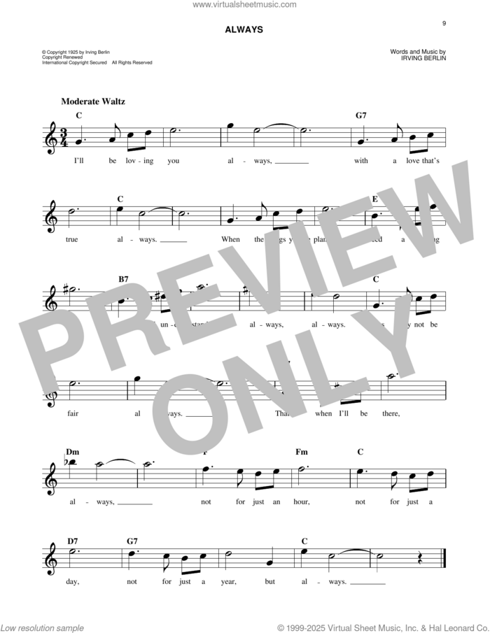 Always sheet music for voice and other instruments (fake book) by Irving Berlin, easy skill level
