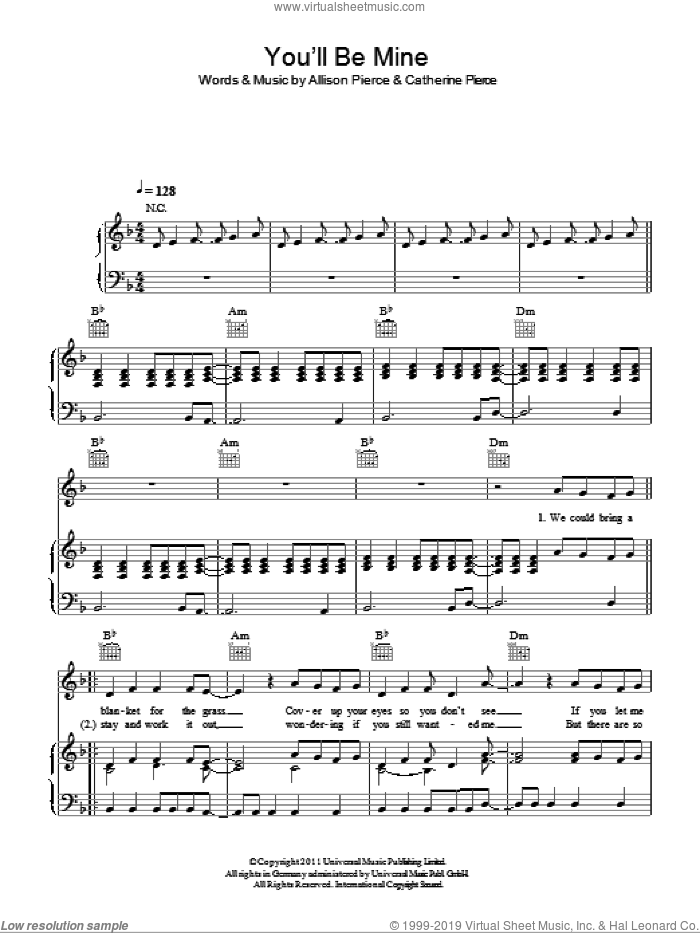 You'll Be Mine sheet music for voice, piano or guitar by The Pierces, Allison Pierce and Catherine Pierce, intermediate skill level