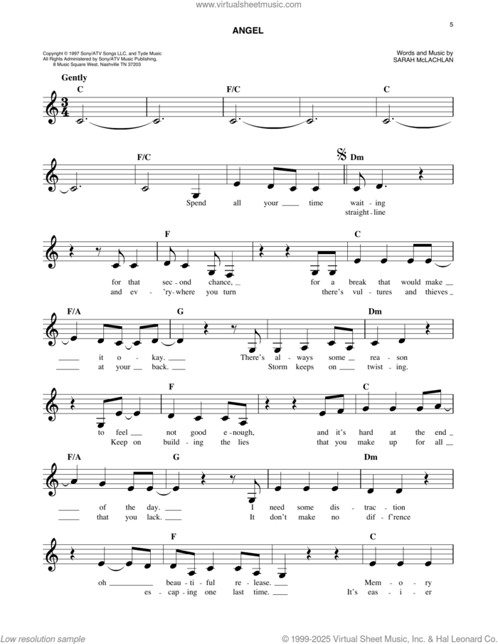 Angel sheet music for voice and other instruments (fake book) by Sarah McLachlan, easy skill level