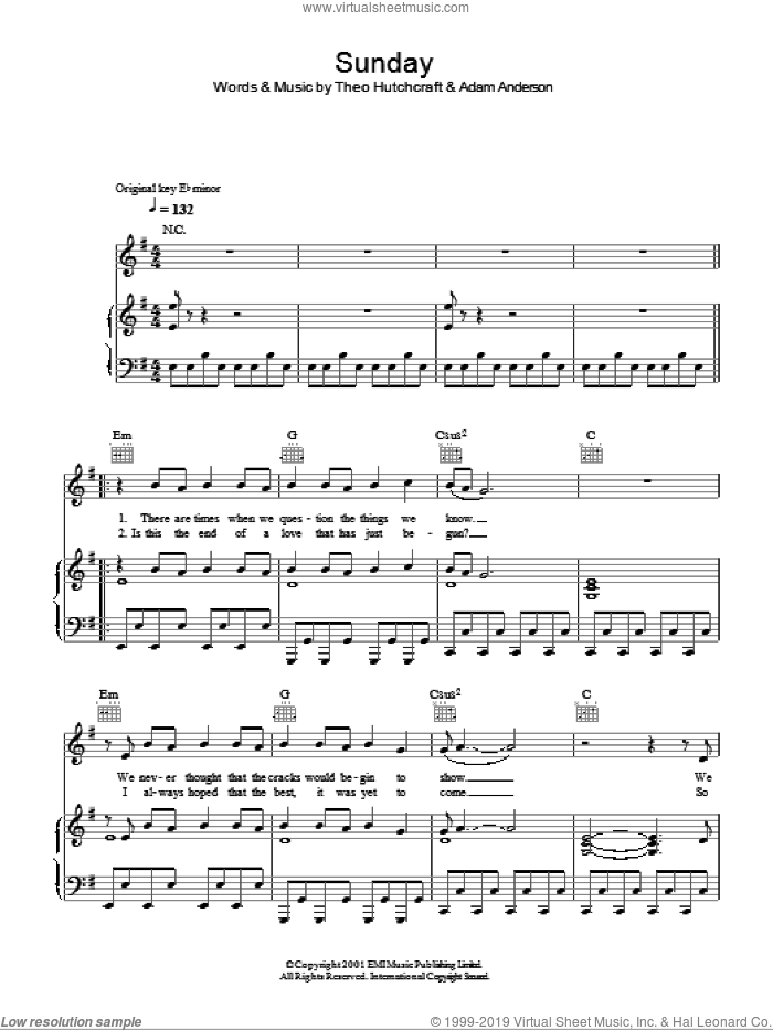 Sunday sheet music for voice, piano or guitar by Hurts, Adam Anderson and Theo Hutchcraft, intermediate skill level