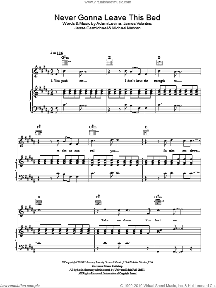 Never Gonna Leave This Bed sheet music for voice, piano or guitar by Maroon 5, Adam Levine, James Valentine, Jesse Carmichael and Michael Madden, intermediate skill level