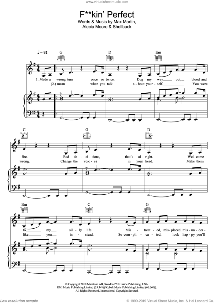 F**kin' Perfect sheet music for voice, piano or guitar by Max Martin, Miscellaneous, Alecia Moore and Shellback, intermediate skill level