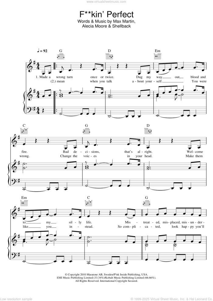 F**kin' Perfect sheet music for voice, piano or guitar by Max Martin, Miscellaneous, P!nk, Alecia Moore and Shellback, intermediate skill level