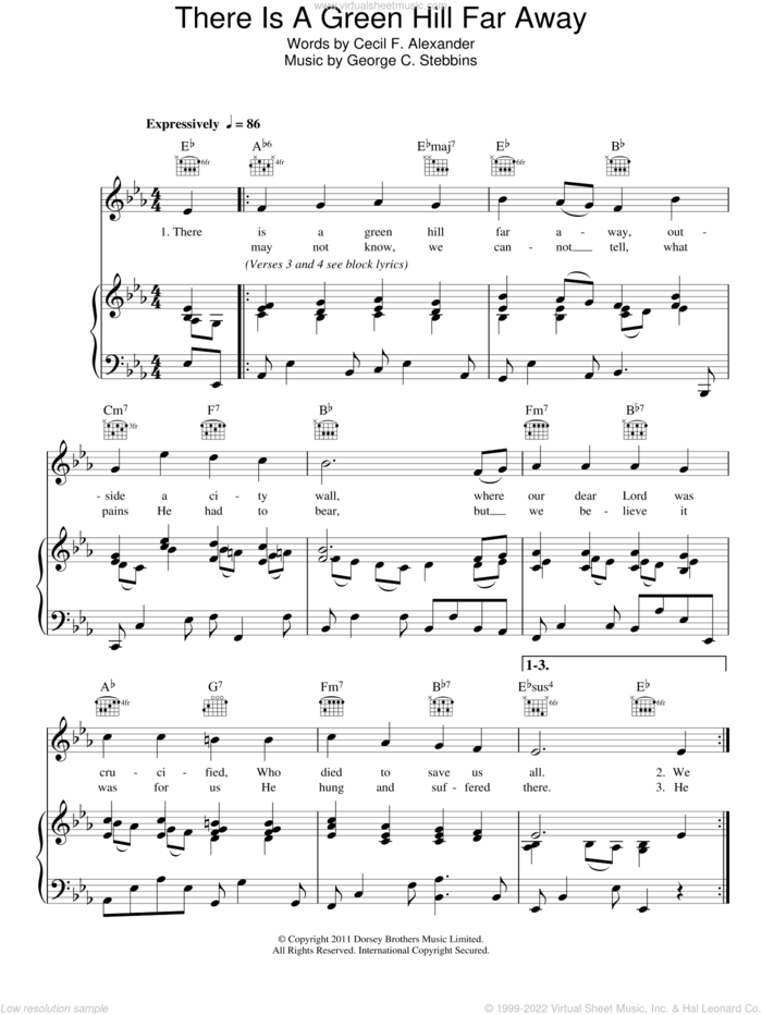 There Is A Green Hill Far Away sheet music for voice, piano or guitar by George C. Stebbins and Cecil Alexander, intermediate skill level