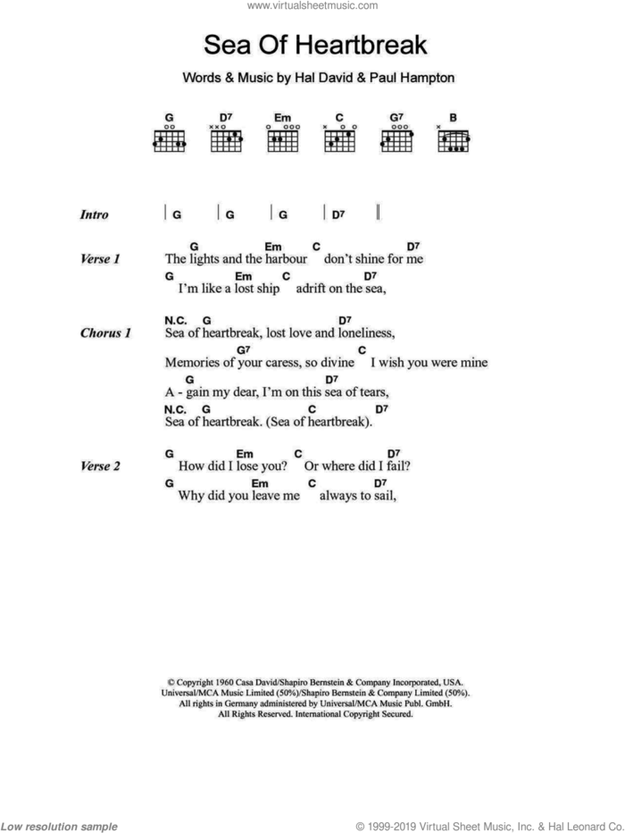 Sea Of Heartbreak sheet music for guitar (chords) by Don Gibson, Hal David and Paul Hampton, intermediate skill level