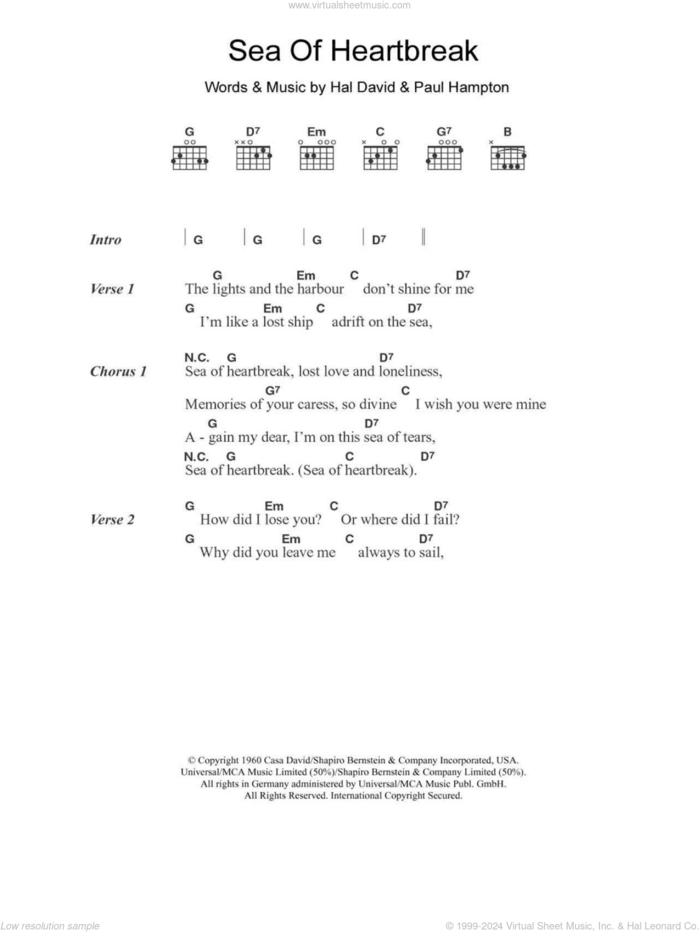 Sea Of Heartbreak sheet music for guitar (chords) by Don Gibson, Hal David and Paul Hampton, intermediate skill level