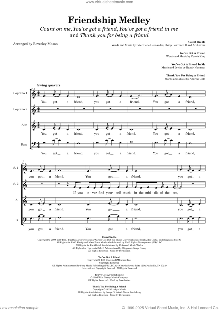 Friendship Medley sheet music for choir (SSAB) by Beverley Mason, Andrew Gold, Bruno Mars, Carole King and Randy Newman, intermediate skill level