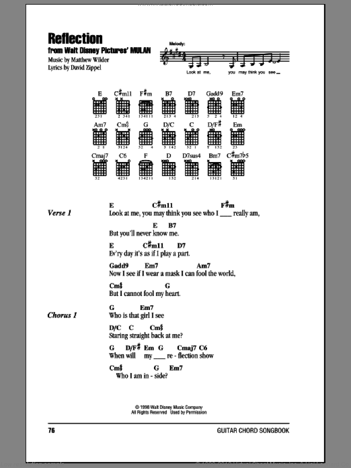 Reflection (Pop Version) (from Mulan) sheet music for guitar (chords) by David Zippel, Christina Aguilera, Mulan (Movie) and Matthew Wilder, intermediate skill level
