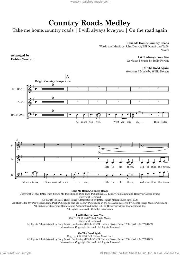 Country Roads Medley (SAB) (COMPLETE) sheet music for orchestra/band (SAB) by Willie Nelson, Bill Danoff, Debbie Warren, Dolly Parton, John Denver and Taffy Nivert, intermediate skill level