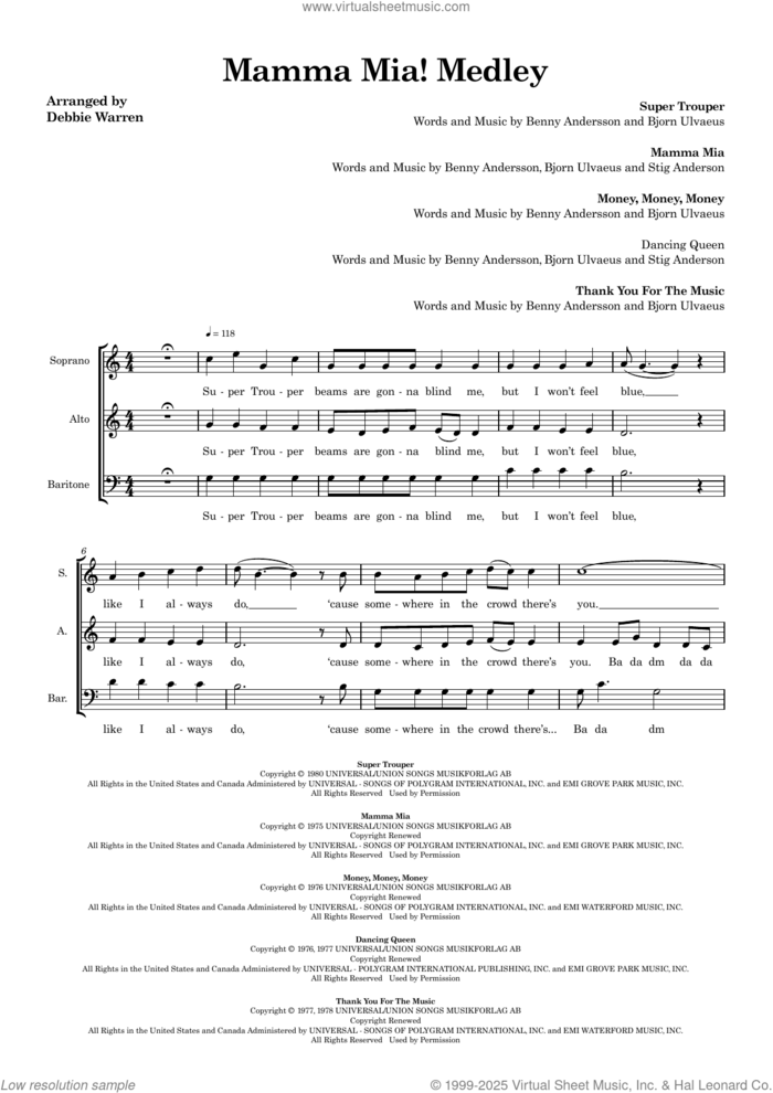 Mamma Mia! Medley (arr. Debbie Warren) (SAB) (COMPLETE) sheet music for orchestra/band (SAB) by Benny Andersson, ABBA, Bjorn Ulvaeus, Debbie Warren and Stig Anderson, intermediate skill level