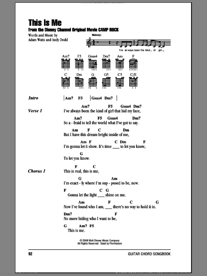 This Is Me (from Camp Rock) sheet music for guitar (chords) by Demi Lovato, Camp Rock (Movie), Jonas Brothers, Adam Watts and Andy Dodd, intermediate skill level