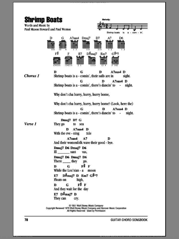 Shrimp Boats sheet music for guitar (chords) by Jo Stafford, Paul Mason Howard and Paul Weston, intermediate skill level