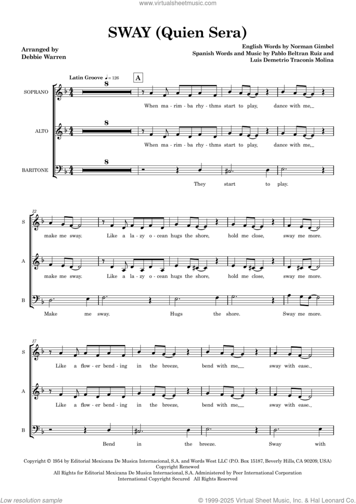Sway (Quien Sera) (arr. Debbie Warren) (SAB) (COMPLETE) sheet music for orchestra/band (SAB) by Norman Gimbel, Debbie Warren, Luis Demetrio Traconis Molina, Michael Buble and Pablo Beltran Ruiz, intermediate skill level