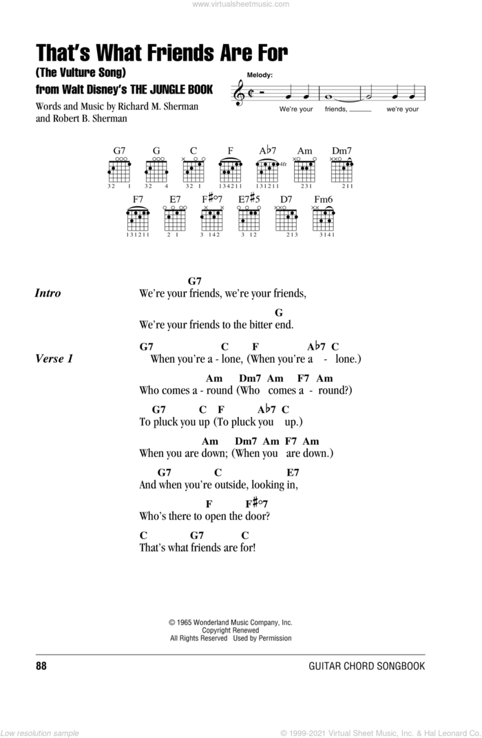 That's What Friends Are For (The Vulture Song) (from The Jungle Book) sheet music for guitar (chords) by Sherman Brothers, Richard M. Sherman and Robert B. Sherman, intermediate skill level