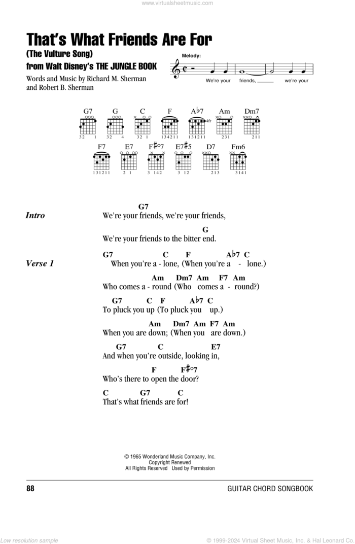 That's What Friends Are For (The Vulture Song) (from The Jungle Book) sheet music for guitar (chords) by Sherman Brothers, Richard M. Sherman and Robert B. Sherman, intermediate skill level