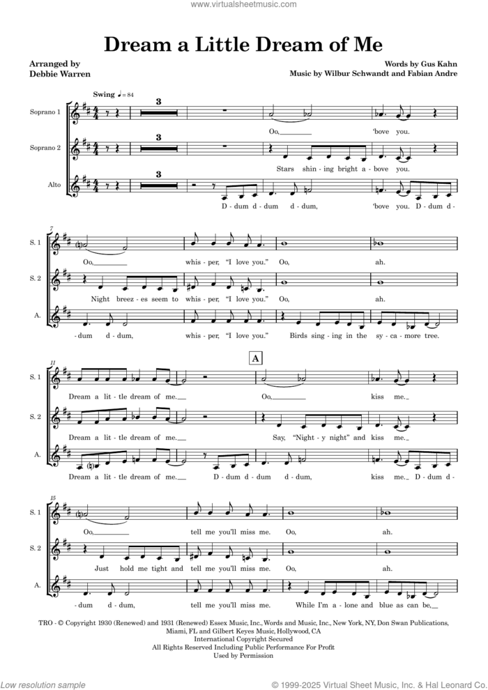 Dream a Little Dream of Me (arr. Debbie Warren) (SSA) (COMPLETE) sheet music for orchestra/band by Gus Kahn, Debbie Warren, Fabian Andre, The Mamas & The Papas and Wilbur Schwandt, intermediate skill level