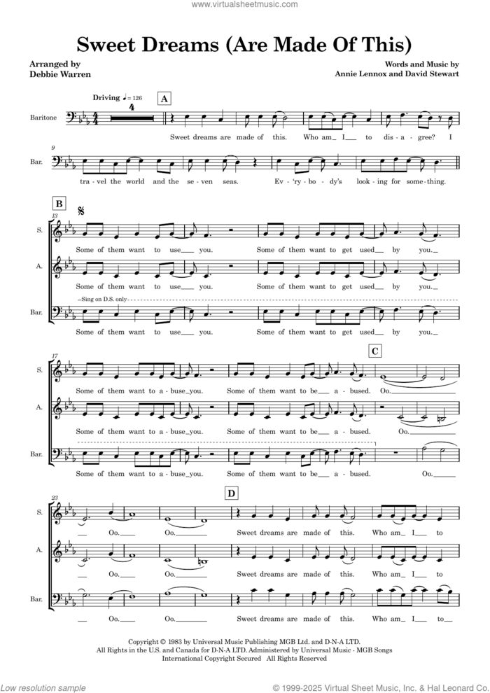 Sweet Dreams (Are Made Of This) (arr. Debbie Warren) - SAB (COMPLETE) sheet music for orchestra/band (SAB) by Annie Lennox, Dave Stewart, Debbie Warren and The Eurythmics, intermediate skill level