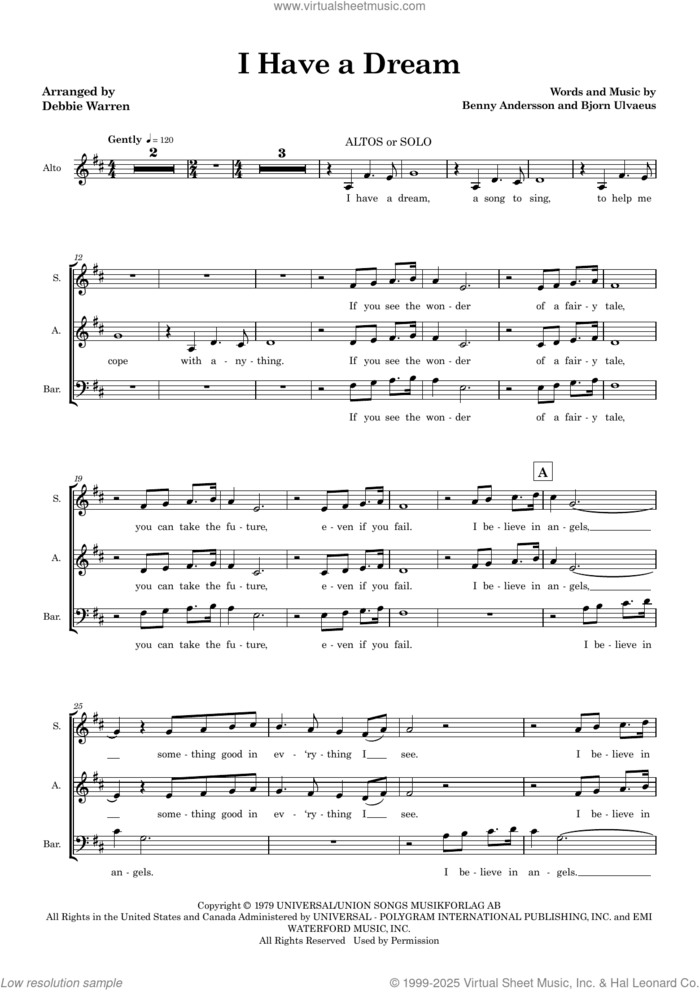 I Have a Dream (arr. Debbie Warren) (SAB) (COMPLETE) sheet music for orchestra/band by Benny Andersson, ABBA, Bjorn Ulvaeus and Debbie Warren, intermediate skill level